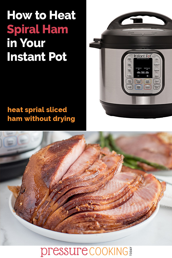 A picture collage including and Instant Pot and spiral ham on a white platter.