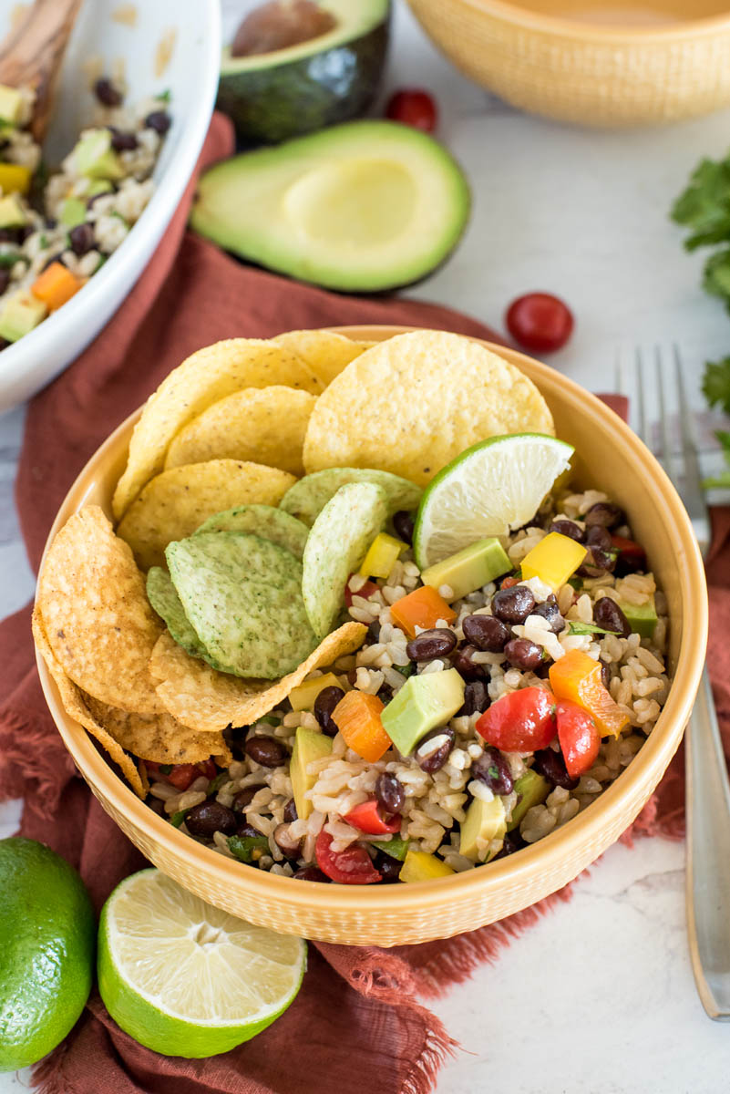 bowl of black bean and rice salad with vegetables