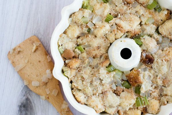 Instant Pot stuffing in a half-sized bundt pan ready to be placed in the pressure cooker.