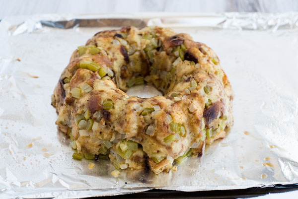 Pressure Cooker stuffing removed from the bundt pan after cooking.