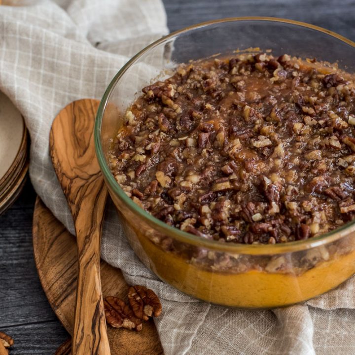 glass container with instant pot sweet potato casserole