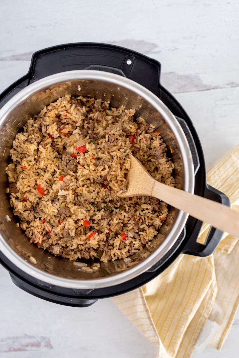 overhead of instnat pot full of cooked taco rice