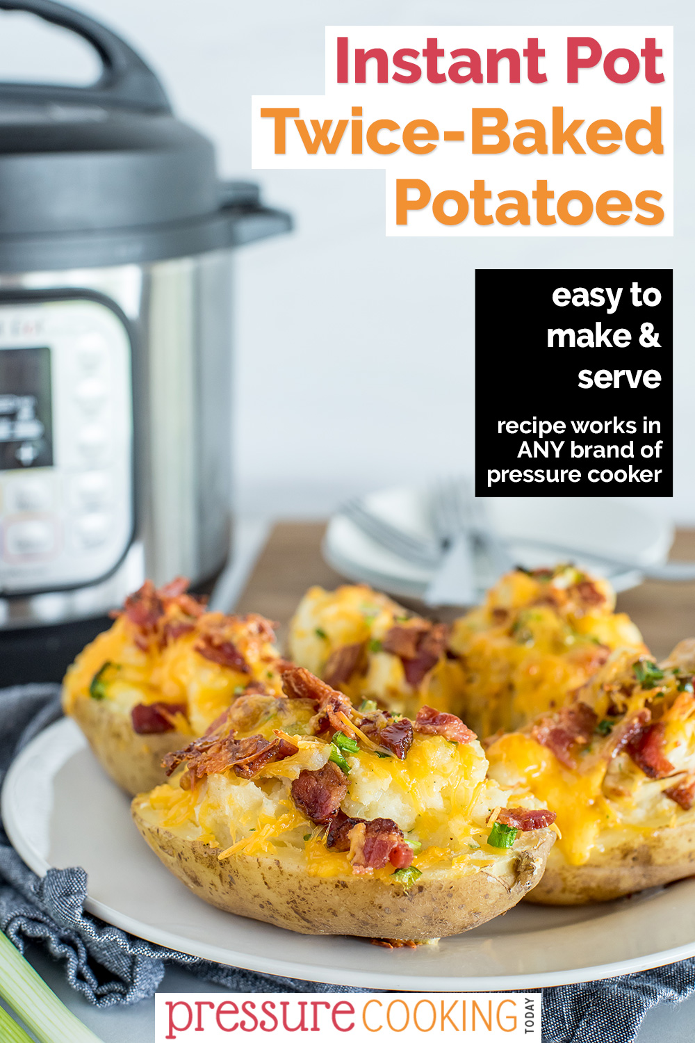 "Bake" your potatoes in your Instant Pot, then halve and smother them with ranch seasoning, cheese, and bacon, to make the BEST twice-baked potatoes ever. via @PressureCook2da