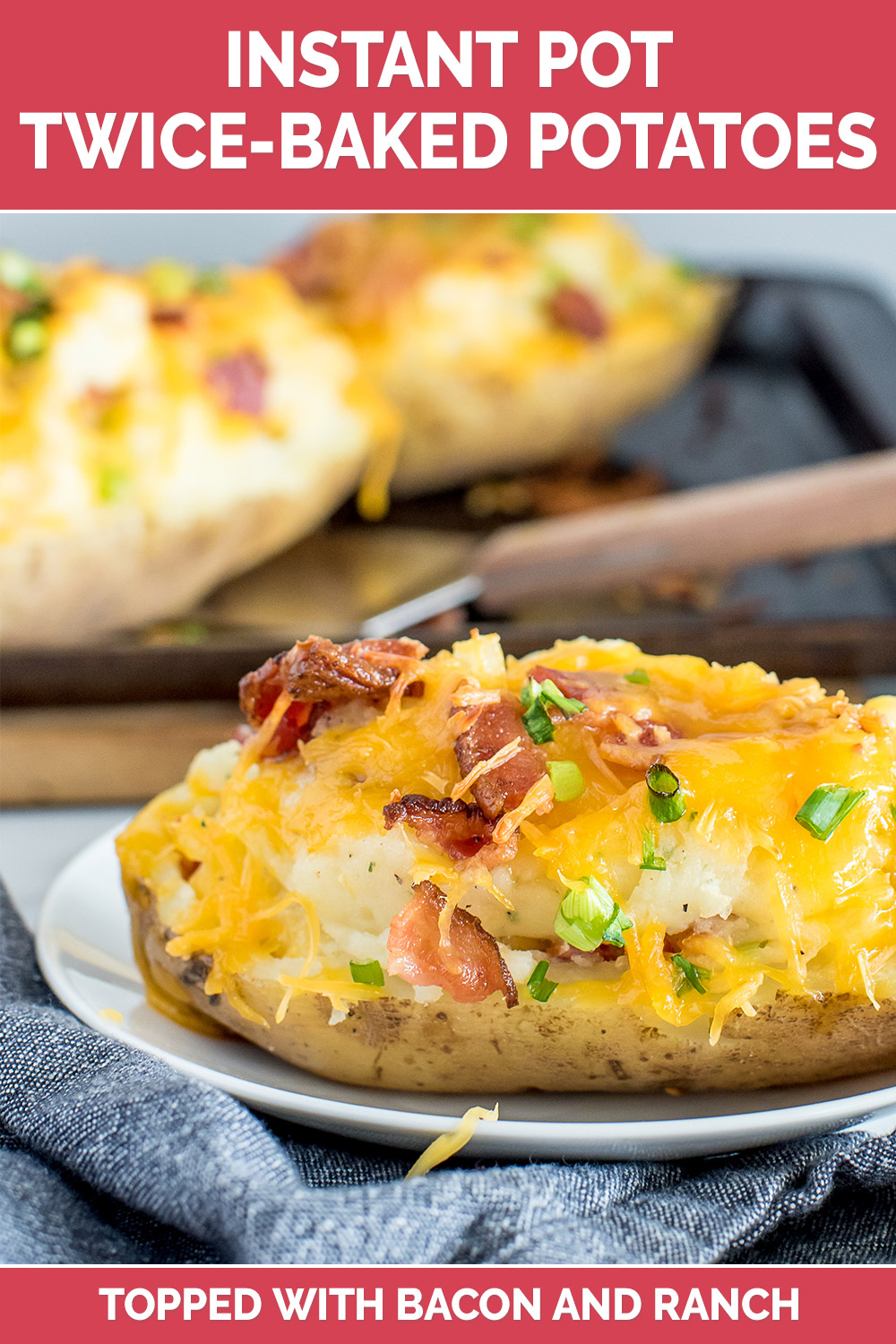 "Bake" your potatoes in your Instant Pot, then halve and smother them with ranch seasoning, cheese, and bacon, to make the BEST twice-baked potatoes ever. via @PressureCook2da