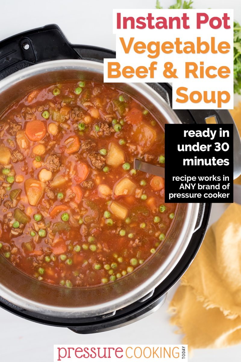 Overhead shot of pressure cooker vegetable beef and rice soup cooked and ready to serve from the inside of an Instant Pot Duo.