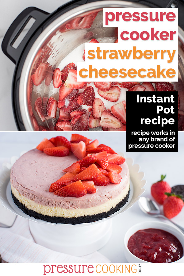 SOOOOO GOOD!!! | This layered Instant Pot Strawberry Cheesecake is a fresh and delicious spin on this classic dessert! Make it extra fancy this Valentine's Day with white and pink layers and a ruby-red from-scratch pressure cooker strawberry topping. #PressureCookingToday via @PressureCook2da