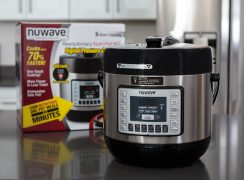 NuWave Pressure Cooker on a kitchen counter after being removed from the box.