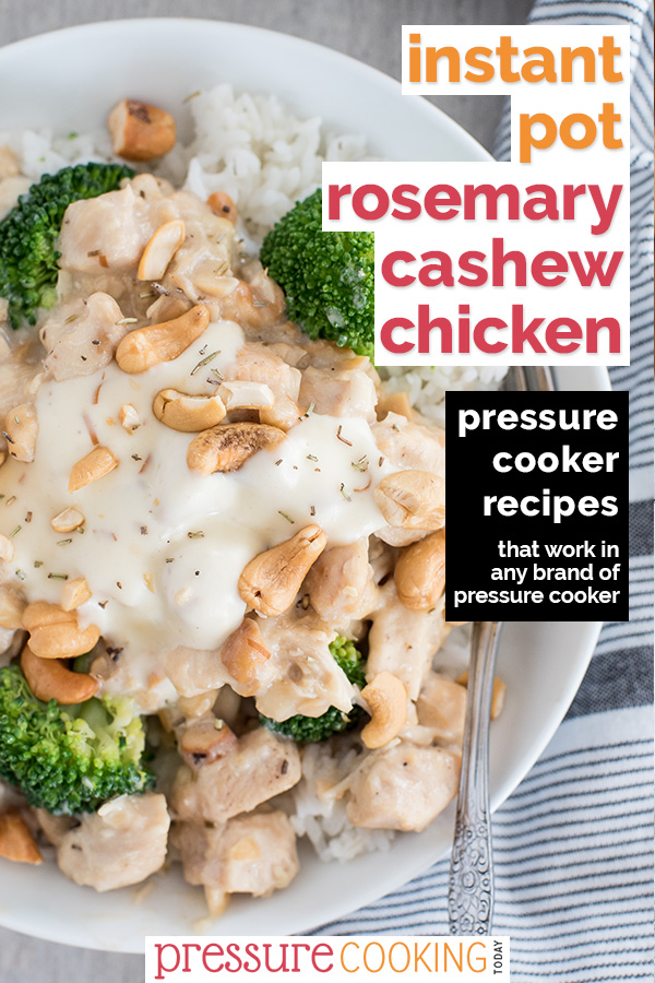 Overhead closeup shot of Instant Pot rosemary cashew chicken served in a bowl with rice and broccoli. via @PressureCook2da