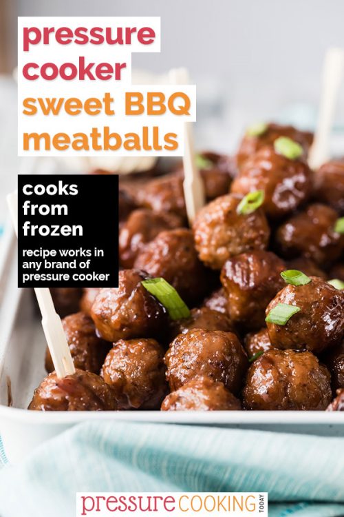 Instant Pot / Pressure Cooker BBQ meatballs—made with grape jelly and barbecue sauce. Plated up with cocktail forks and garnished with green onions