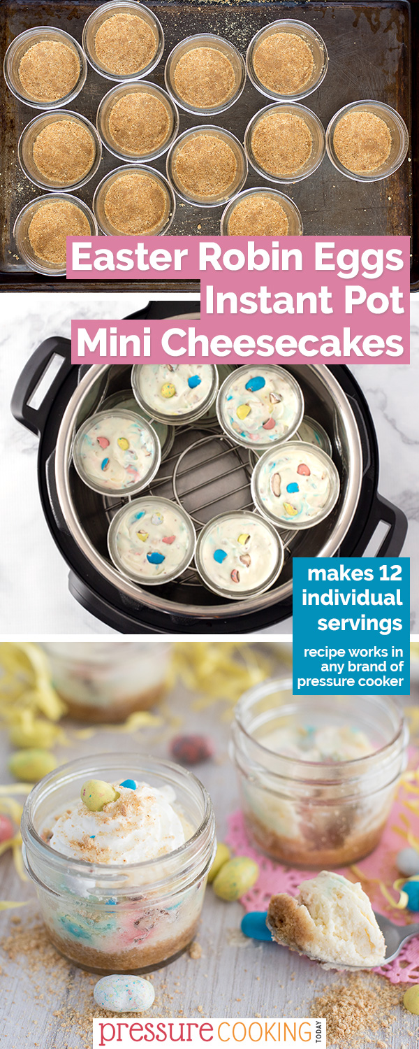 Robin Eggs Pressure Cooker Mini Cheesecakes have rich, creamy New York style cheesecake batter loaded with colorful Easter malted milk ball candies. A fun Instant Pot mini cheesecake recipe just in time for #Easter. #pressurecooker #instantpot #cheesecake #recipe via @PressureCook2da