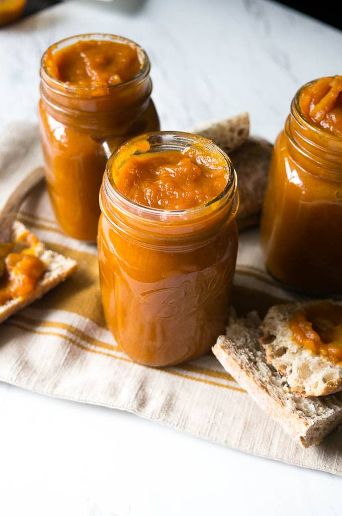 3 jars of Pressure Cooker Spiced Pumpkin Apple Butter