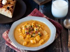 Pressure Cooker (Instant Pot) Pumpkin Chicken Corn Chowder served in a white bowl