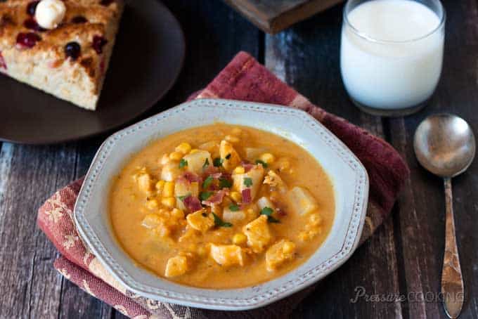 Pressure Cooker (Instant Pot) Pumpkin Chicken Corn Chowder served in a white bowl