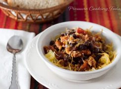Quick Pressure Cooker Instant Pot) Black Bean and Chicken Sausage Chili in a white bowl