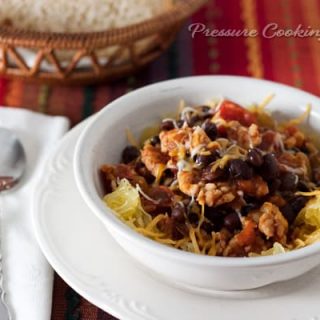 Quick Pressure Cooker Instant Pot) Black Bean and Chicken Sausage Chili in a white bowl