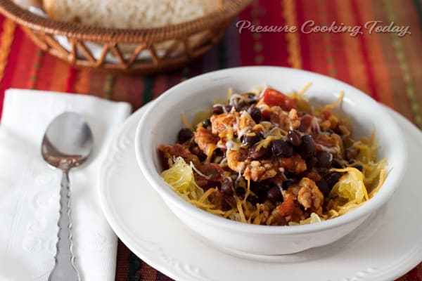 Quick Pressure Cooker Instant Pot) Black Bean and Chicken Sausage Chili in a white bowl