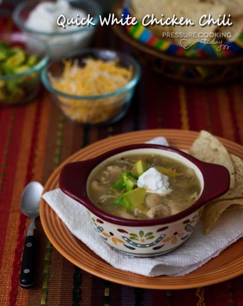 Quick Pressure Cooker (Instant Pot) White Chicken Chili in a bowl