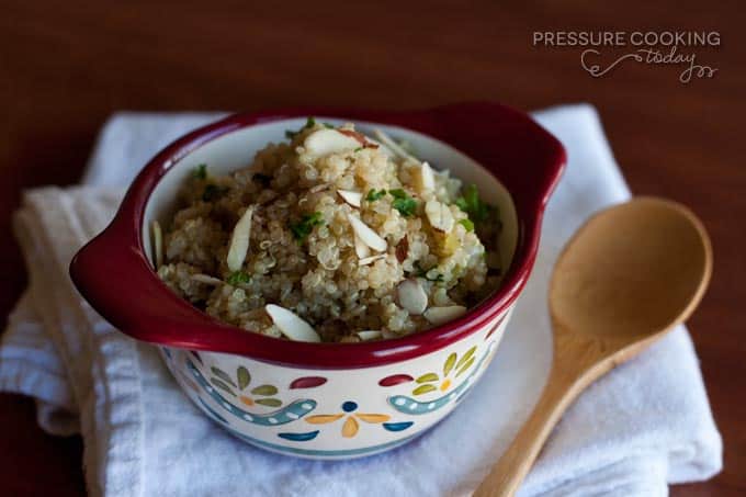 Pressure Cooke (Instant Pot) Quinoa Almond Pilaf in a decorative bowl