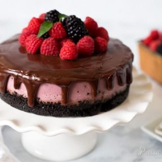 Pressure Cooker (Instant Pot) Raspberry Cheesecake on a cake stand