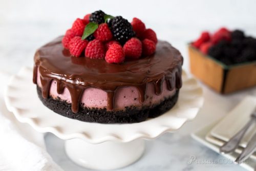 Pressure Cooker (Instant Pot) Raspberry Cheesecake on a cake stand