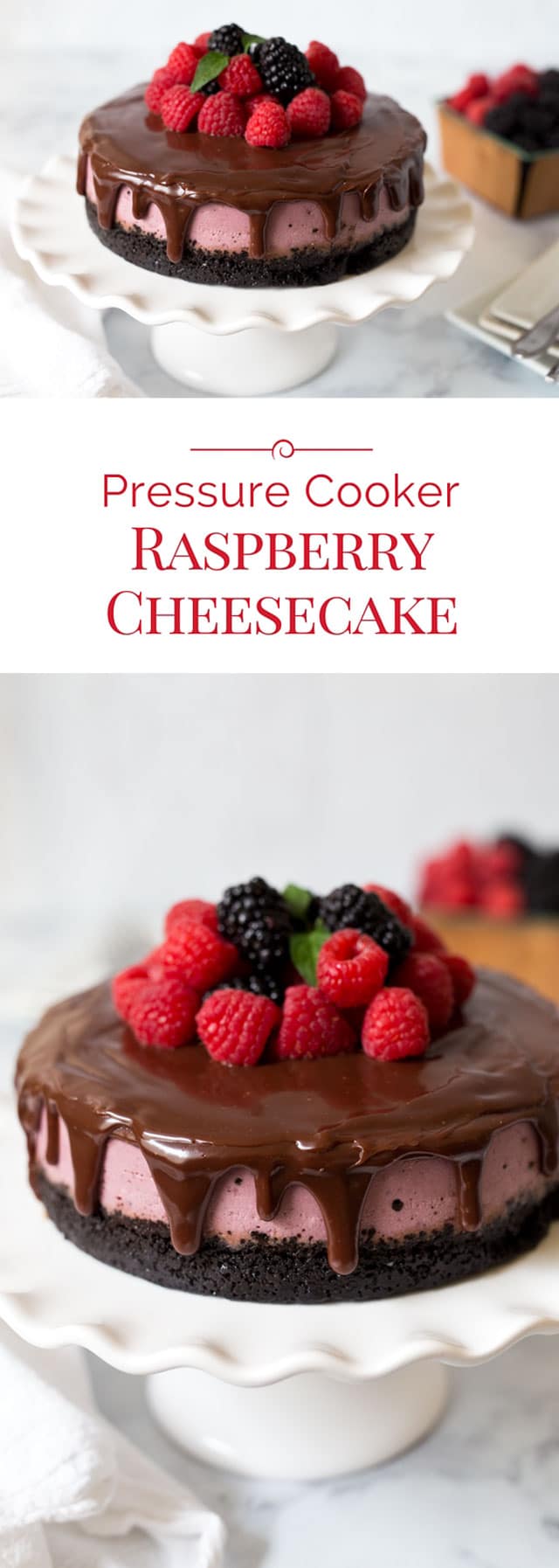 This beautiful Raspberry Cheesecake has an Oreo cookie crust covered with rich chocolate ganache and crowned with fresh raspberries. It's easy to make a creamy cheesecake in an Instant Pot. #pressurecooker #instantpot #instapot #cheesecake #dessert #pressurecooking via @PressureCook2da