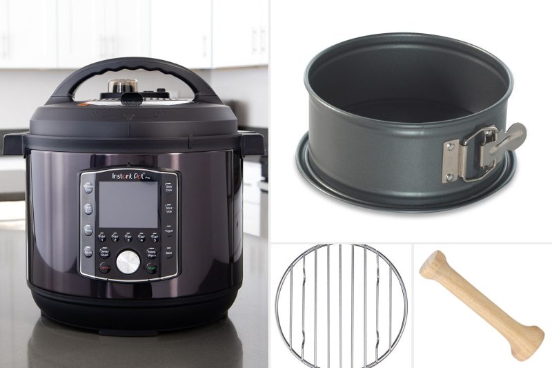 tools needed to make Instant Pot cheesecake, including photos of an Instant Pot Pro, a springform pan, a trivet, and a tart tamper for making the crust