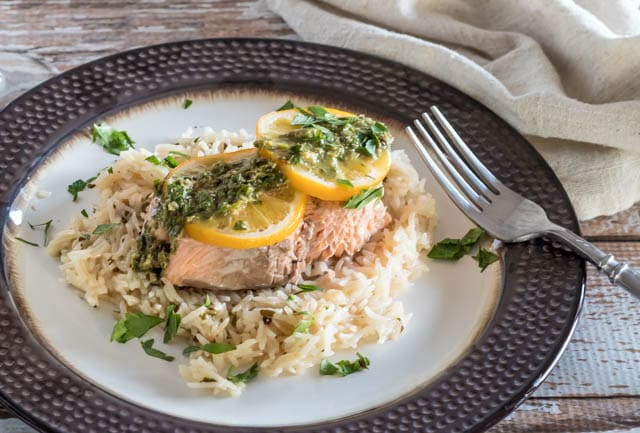 Pressure Cooker ((Instant Pot) Salmon and Rice With Lemon Caper Chimichurri