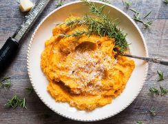 Pressure Cooker (Instant Pot) Savory Mashed Sweet Potatoes served in a white bowl