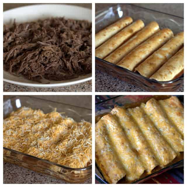 Collage showing the making of Pressure Cooker Shredded Beef Enchiladas