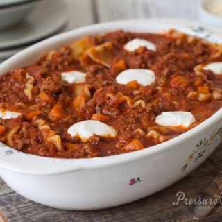 Pressure Cooker (Instant Pot) Sloppy Lasagna Recipe in a white baking dish