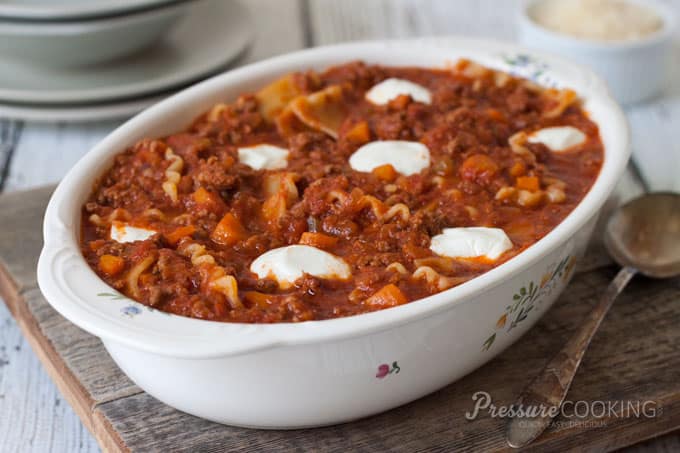 Pressure Cooker (Instant Pot) Sloppy Lasagna Recipe in a white baking dish