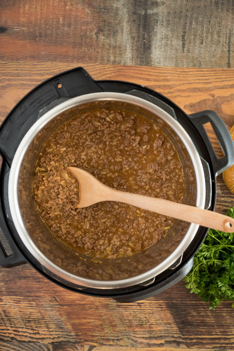 Overhead picture of sloppy joes made from frozen beef cooked and ready to serve in an Instant Pot.