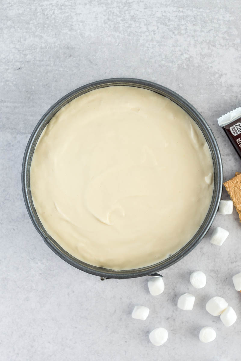 Batter ready to cook for an Instant Pot s'mores cheesecake.