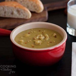 Pressure Cooker (Instant Pot) Split Pea Soup with Chicken Sausage in a red bowl