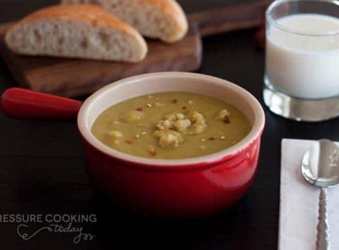 Pressure Cooker (Instant Pot) Split Pea Soup with Chicken Sausage in a red bowl