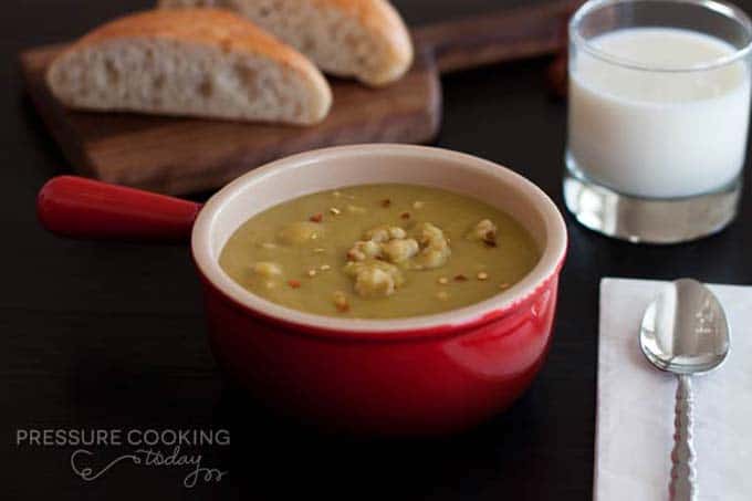 Pressure Cooker (Instant Pot) Split Pea Soup with Chicken Sausage in a red bowl