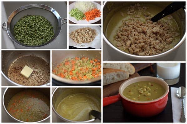 collage of making Split Pea Soup with Chicken Sausage