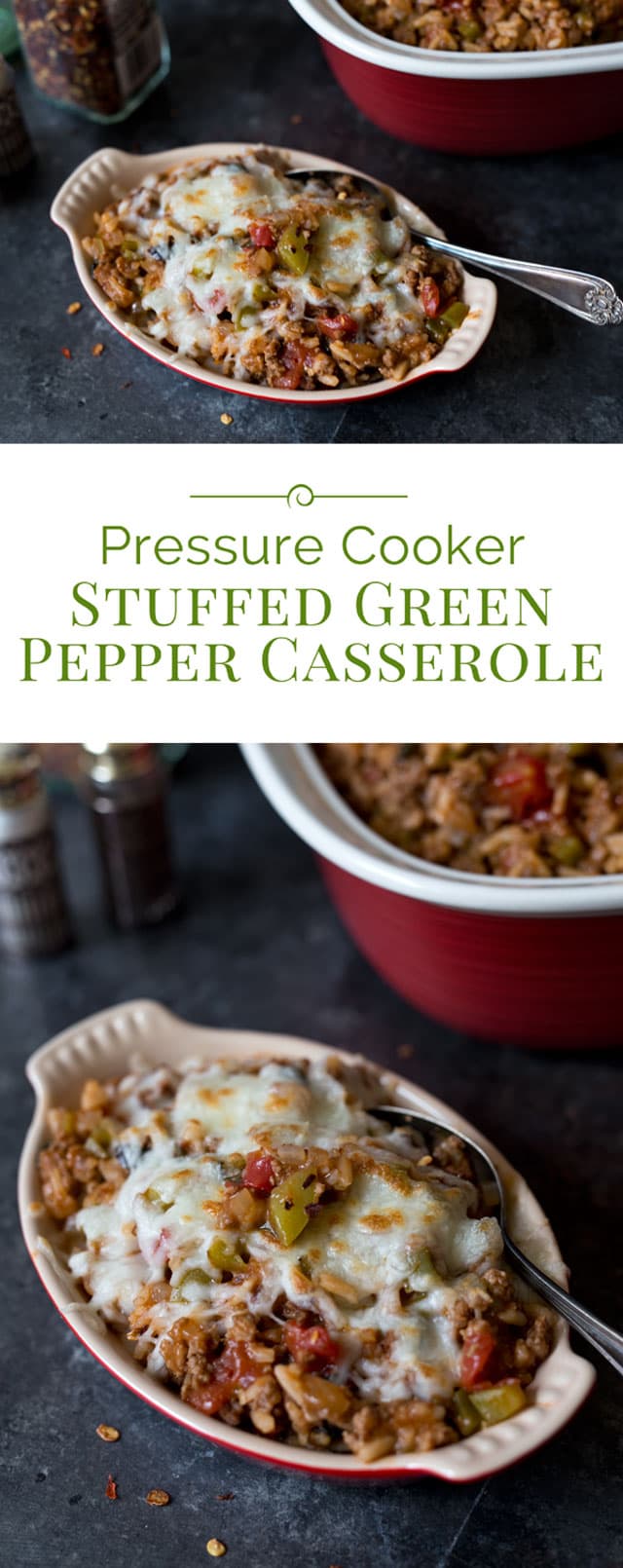 This Pressure Cooker Stuffed Green Pepper Casserole has all the flavors of stuffed green peppers but in an easy-to-make casserole. If you love stuffed green peppers, you\'re going to love this casserole. 