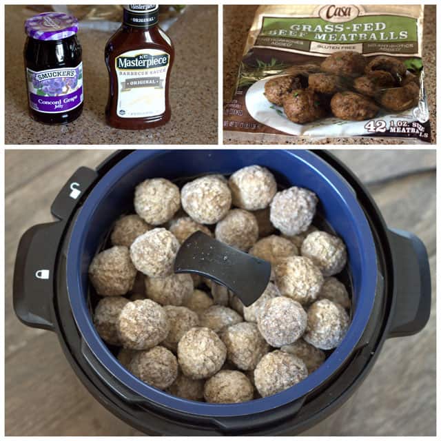 A collage including smuckers grape jelly, KC Materpiece BBQ sause, frozen beef meat balls, and meat balls in an Instant Pot.