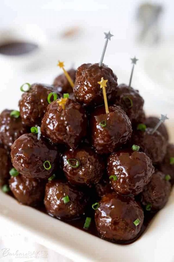 Sweet bbq meat balls made in an Instant Pot plated up for a party.
