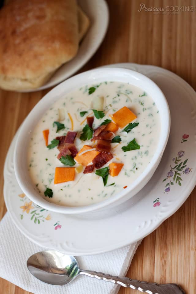 A creamy, chunky sweet potato cheese soup loaded with tender chunks of sweet potatoes, russet potatoes, corn and bacon.