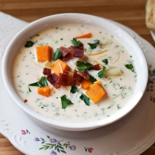 Pressure Cooker (Instant Pot) Chunky Sweet Potato Cheese Soup in a white bowl