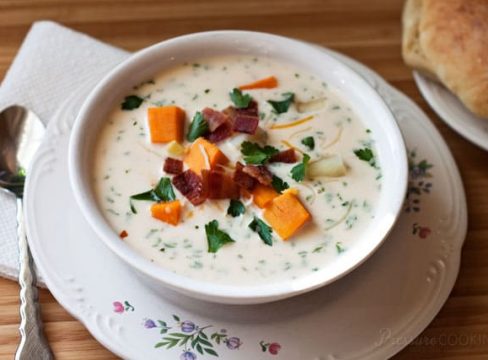 Pressure Cooker (Instant Pot) Chunky Sweet Potato Cheese Soup in a white bowl