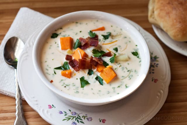 Pressure Cooker (Instant Pot) Chunky Sweet Potato Cheese Soup in a white bowl