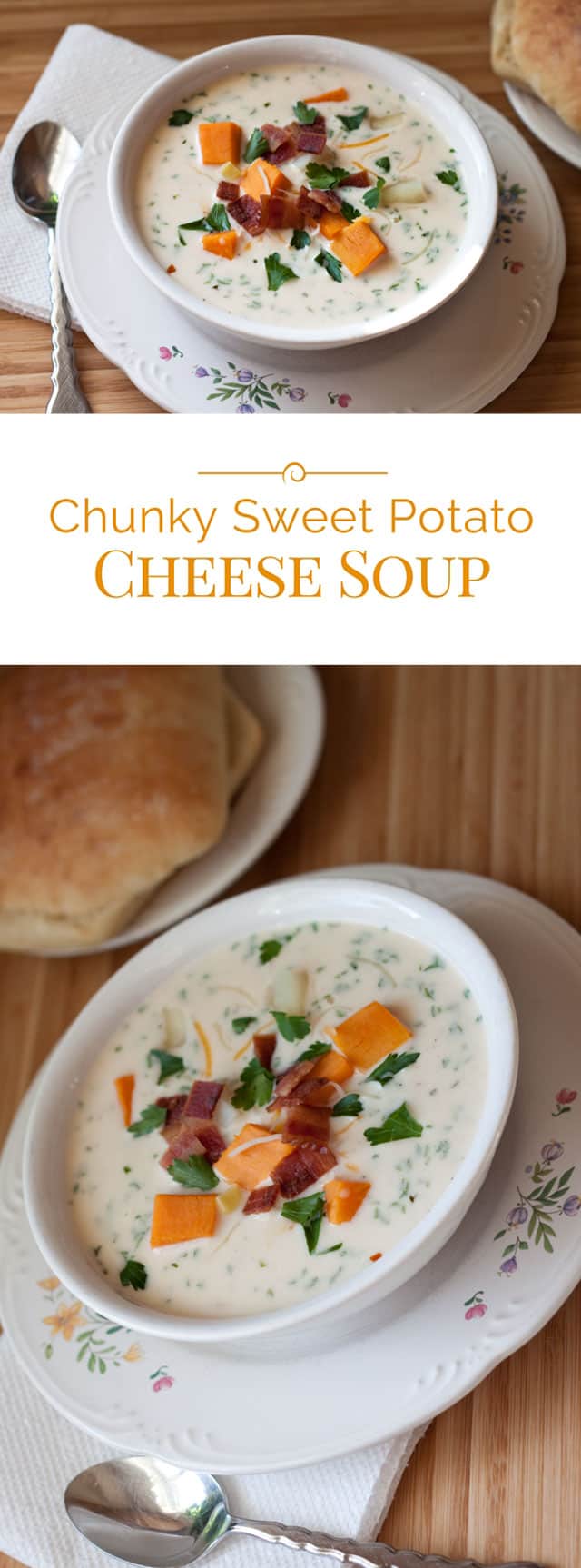 A creamy, chunky sweet potato cheese soup loaded with tender chunks of sweet potatoes, russet potatoes, corn and bacon.