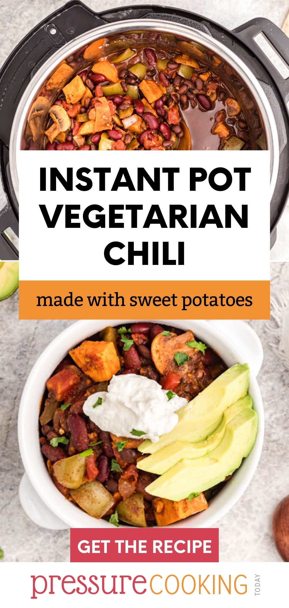 This Instant Pot Sweet Potato Chili is a fun and filling meatless meal! This sweet vegetarian chili is made with sweet potatoes and inexpensive pantry staples like canned beans and tomatoes and spices. via @PressureCook2da