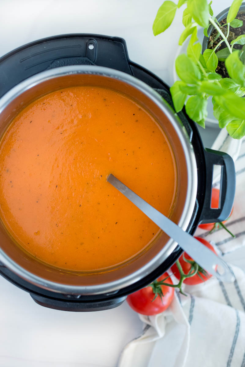 an overhead shot of the tomato soup after it is blended smooth, after adding the parmesan cheese and half and half, before serving