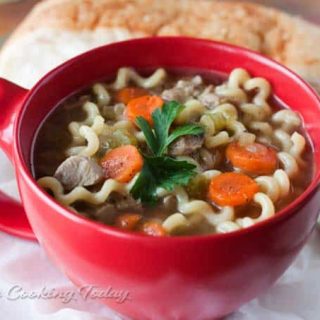 Pressure Cooker (Instant Pot)Turkey Noodle Soup in a red bowl