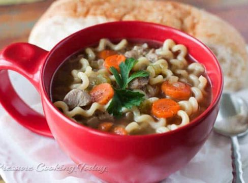 Pressure Cooker (Instant Pot)Turkey Noodle Soup in a red bowl