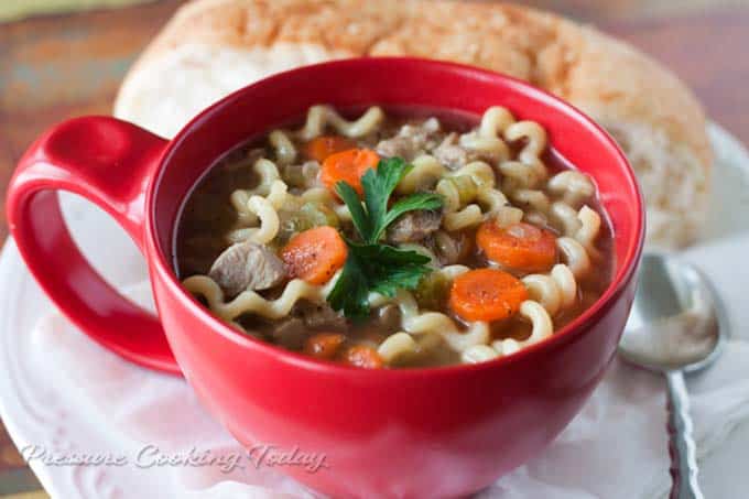 Pressure Cooker (Instant Pot)Turkey Noodle Soup in a red bowl